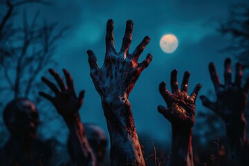 Wall Mural - Zombie hands rising in dark Halloween night. - generative ai