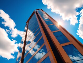 Bottom-up view of highrise glazed building with many glass with blue sky reflection background image (20)