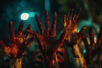 Poster - Zombie hands rising in dark Halloween night. - generative ai