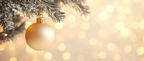 Wall Mural - Golden Christmas ornament hanging from a frosted pine branch. Warm lights in the background create a soft bokeh effect