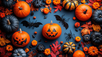 Wall Mural - Pumpkins, bats, and spiders create a festive Halloween scene.