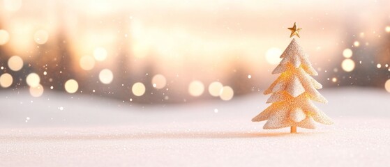 A glittery gold Christmas tree with a golden star stands in a snowy field, illuminated by a warm, soft glow from blurred lights in the background.