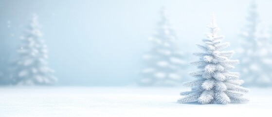 Wall Mural - Snow-covered evergreen tree stands in a serene winter landscape. A clear, light sky contrasts with the white ground and distant trees.