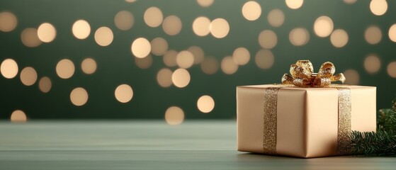 Poster - Golden gift box with pine cone decoration and evergreen sprigs on a wooden surface. Bokeh lights glow in the background on a green backdrop.