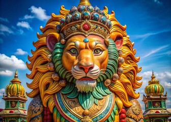 Majestic Hindu Lion God Sculpture in Vibrant Colors Symbolizing Strength and Protection in Culture