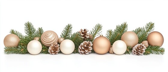 Wall Mural - Golden, white, and champagne-colored Christmas ornaments arranged with pine branches and snow-covered pinecones on a white background