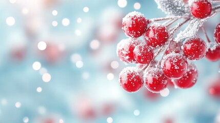 Wall Mural - frost-covered holly branch with bright red berries against a snowy, blue sky backdrop. soft snowfall
