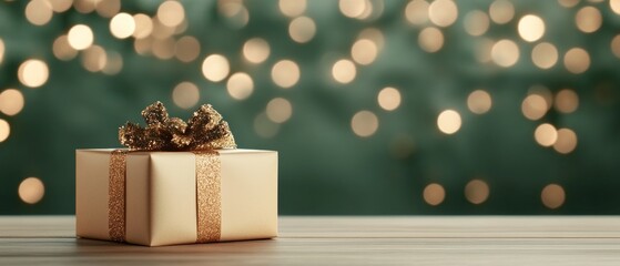 Golden gift box with pine cone decoration and evergreen sprigs on a wooden surface. Bokeh lights glow in the background on a green backdrop.