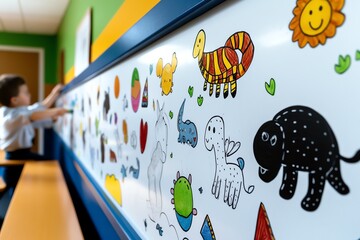 Aufkleber - Whiteboard filled with colorful drawings of animals and shapes, with a teacher using these visuals to teach basic concepts to young students