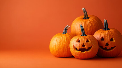 Wall Mural - Smiling jack-o'-lanterns on an orange background.