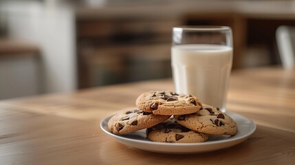 Chocolate chip cookies and a glass of milk on a wooden table