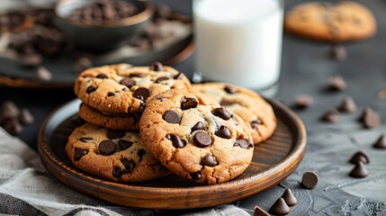 Chocolate Chip Cookies with a glass of milk on wooden background