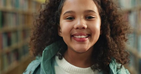 Poster - Face, girl and child in library, smile and knowledge with positive mindset, creativity and education. Portrait, kid and student in school, youth and learning with confidence, pride and books with joy