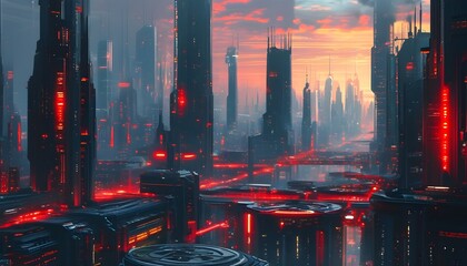 Wall Mural - Futuristic cityscape illuminated by vibrant red lights and towering structures, embodying the essence of technology and science fiction.