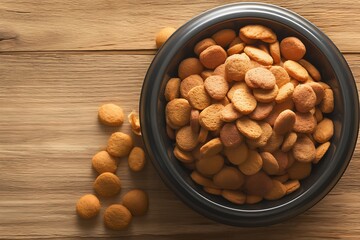 Dry pet food in bowl on wooden background