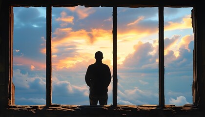 Silhouette in an ancient window frame against a dramatic sky evoking themes of reflection and wonder