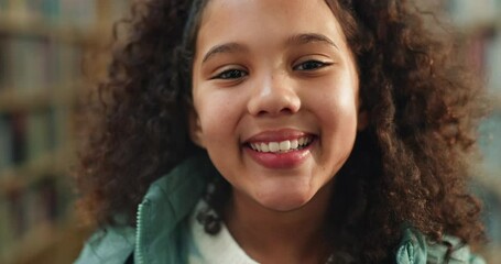 Poster - Face, girl and kid in library, smile and knowledge with fun, creativity and education. Portrait, child and student in school, youth and learning with confidence, pride and books with positive mindset