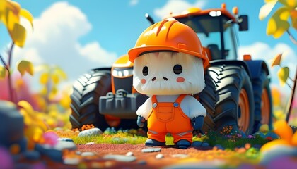 Playful cartoon construction worker in bright orange outfit beside a large yellow tractor under a sunny, vibrant sky