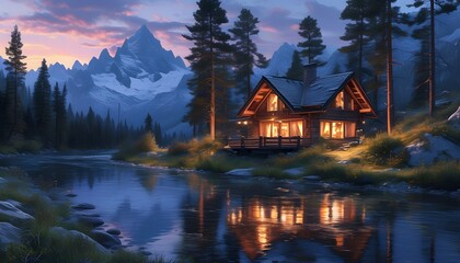 Wall Mural - Enchanting dusk at a mountain village featuring cozy cottages by a serene river, framed by towering pines and majestic peaks under a twilight sky.