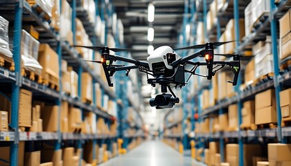 Drone capturing dynamic views of a busy warehouse filled with organized shelves and boxes, showcasing advancements in logistics and technology