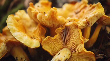 Wall Mural - Close-up of bright yellow chanterelle mushrooms growing in a forest.