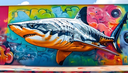 Wall Mural - vibrant giant shark graffiti mural on urban street wall