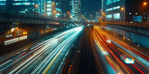 Car lights on the road in a modern city at night