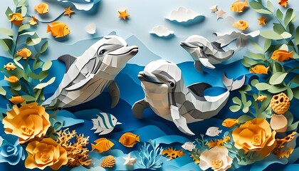 whimsical papercraft illustration of a smiling dolphin swimming in the sea surrounded by playful baby animals in a nursery setting