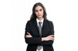 © Olena - Portrait of business woman in suit crossed arms. Confidence businesswoman against grey background with copy space. Proud student girl. Beautiful businesswoman.