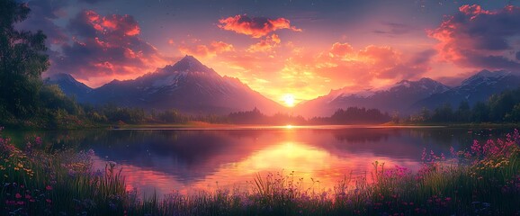 Wall Mural - stunning sunset over a lake with mountains in the background.