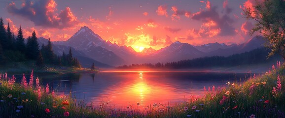 Wall Mural - a breathtaking sunset over a serene mountain lake with wildflowers in the foreground.