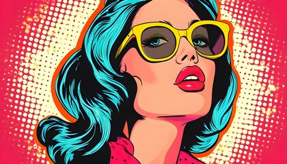 Vibrant pop art illustration of a playful woman in retro style, showcasing energetic colors and a modern twist on classic pop culture aesthetics