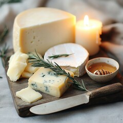 Delicious Cheese Platter with Fresh Rosemary and Wooden Board.