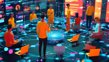 Wall Mural - Futuristic social network hologram illustrating global community connections and digital communication in an abstract bokeh setting