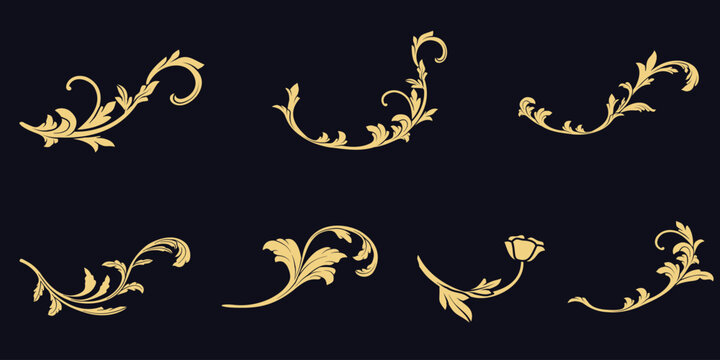 Set of Golden vintage Ornamental, Decorative design lace borders and corners. Antique Gold art deco, scroll, swirl, flourish, filigree, floral elements