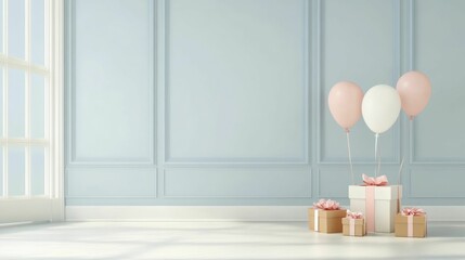 Gift boxes with pink ribbons and pastel balloons in a bright, elegant room with large windows, perfect for celebrations and events