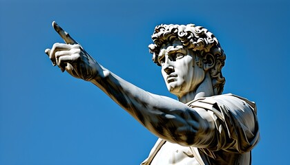 David Statue Pointing Against a Serene Blue Backdrop