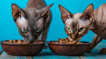 Close-up of two Sphynx cats eating dry food from bowls on a rustic wooden surface, set against a bright blue background. Their intense focus and unique appearance make for an eye-catching and playful