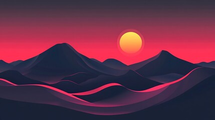 Poster - A vibrant sunset casts a red glow over a silhouette of a mountain range.