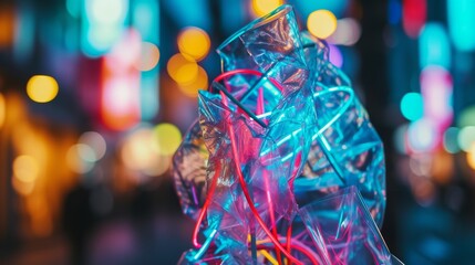 Aufkleber - An abstract plastic sculpture glowing with neon lights against a colorful bokeh background. The vibrant mix of lights and plastic forms a futuristic, dynamic composition perfect for tech art, digital