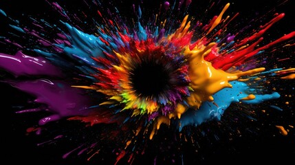 Fantastic spiral explosion colorful liquid paint splatter on black background