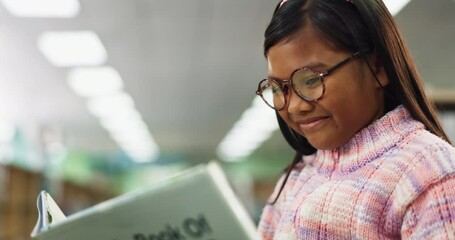 Poster - Child, reading and happy with school library book with learning and youth development with literature. Young girl, smile and study with story, education and knowledge with growth and language skill