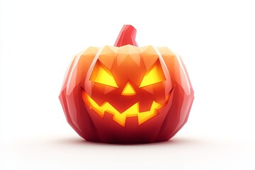 Large glossy jack o lantern with a deep red hue glowing eyes and a wide toothy grin set against a plain background evoking a spooky and intense Halloween design