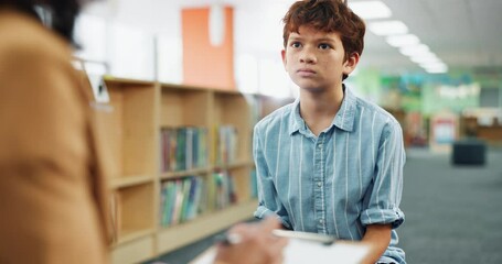 Aufkleber - Education, child and teacher in library, questions and clipboard for preparation of test, boy or smile. School, answer and tutor with kid for learning of literature for exam, conversation or together