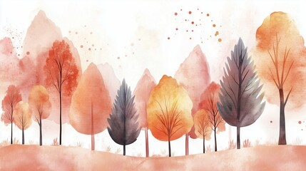 Simple and elegant abstract trees and leaves watercolor background, white background, horizontal banner. For card, invitation, web, social media, presentation, slide show, marketing, advertising.