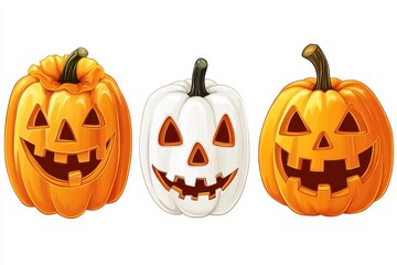 Sticker - Trio of carved pumpkins with glowing jack o lantern faces capturing the traditional spooky and festive spirit of Halloween