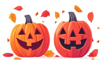 Sticker - Pair of glowing carved pumpkins with swirling autumn leaves representing the festive Halloween spirit with a touch of magic