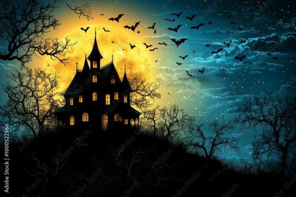 Dark and eerie haunted house illustration set under a full moon with ...