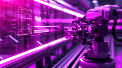 Wall Mural - A robotic arm in an industrial environment interacts with a holographic digital interface. The bright purple lighting enhances the futuristic and technological theme, highlighting innovation in