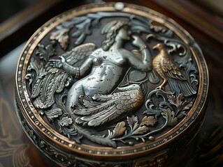 Intricate Silver & Gold Relief Sculpture of Mythical Woman & Bird